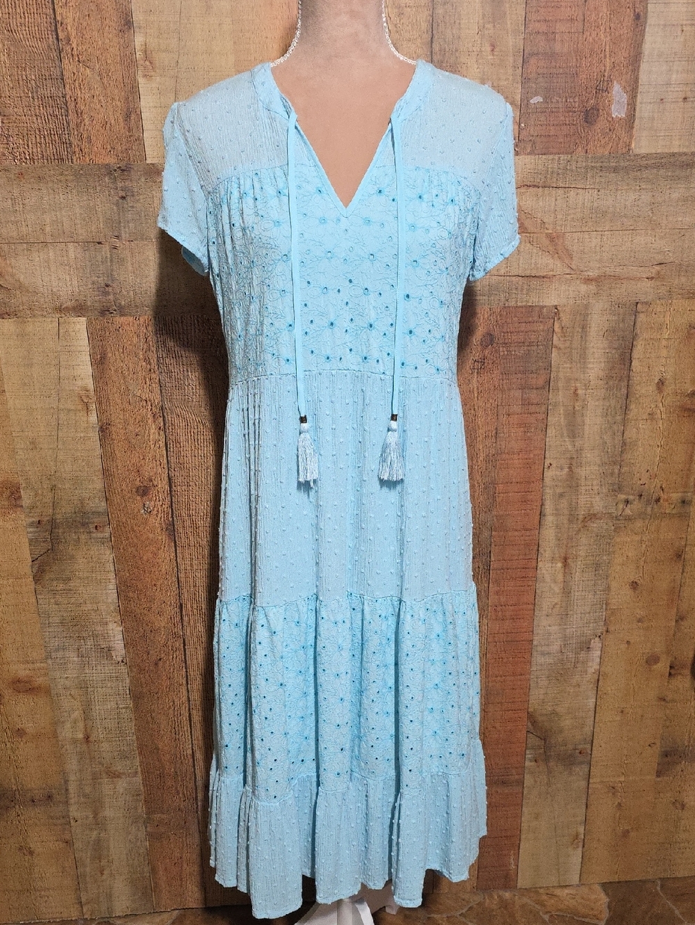Light Blue Tiered Midi Dress with Tassel Ties